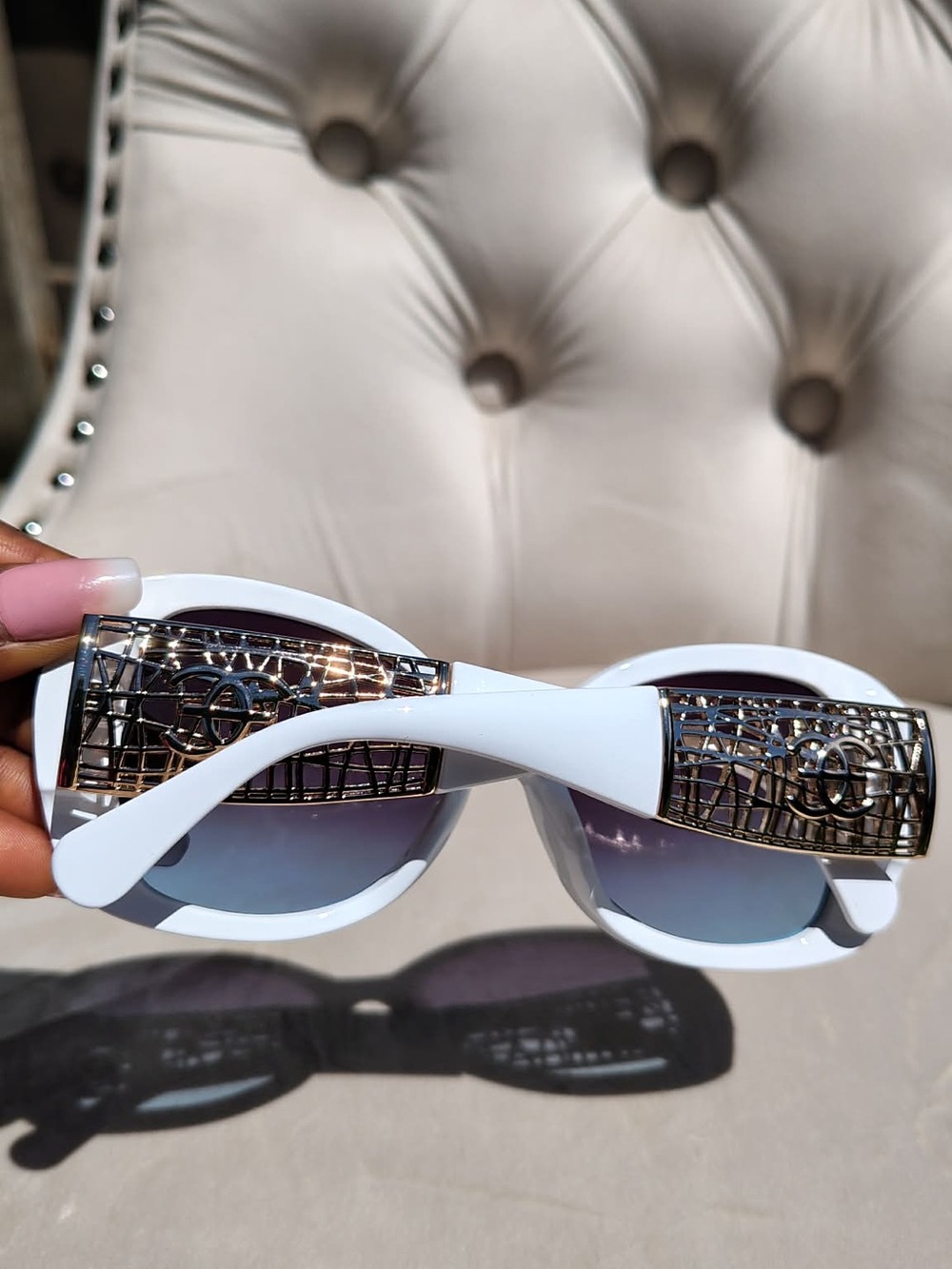 Designer White Sunglasses with Decorative Metal Lattice Temples - Picture 3 of 6